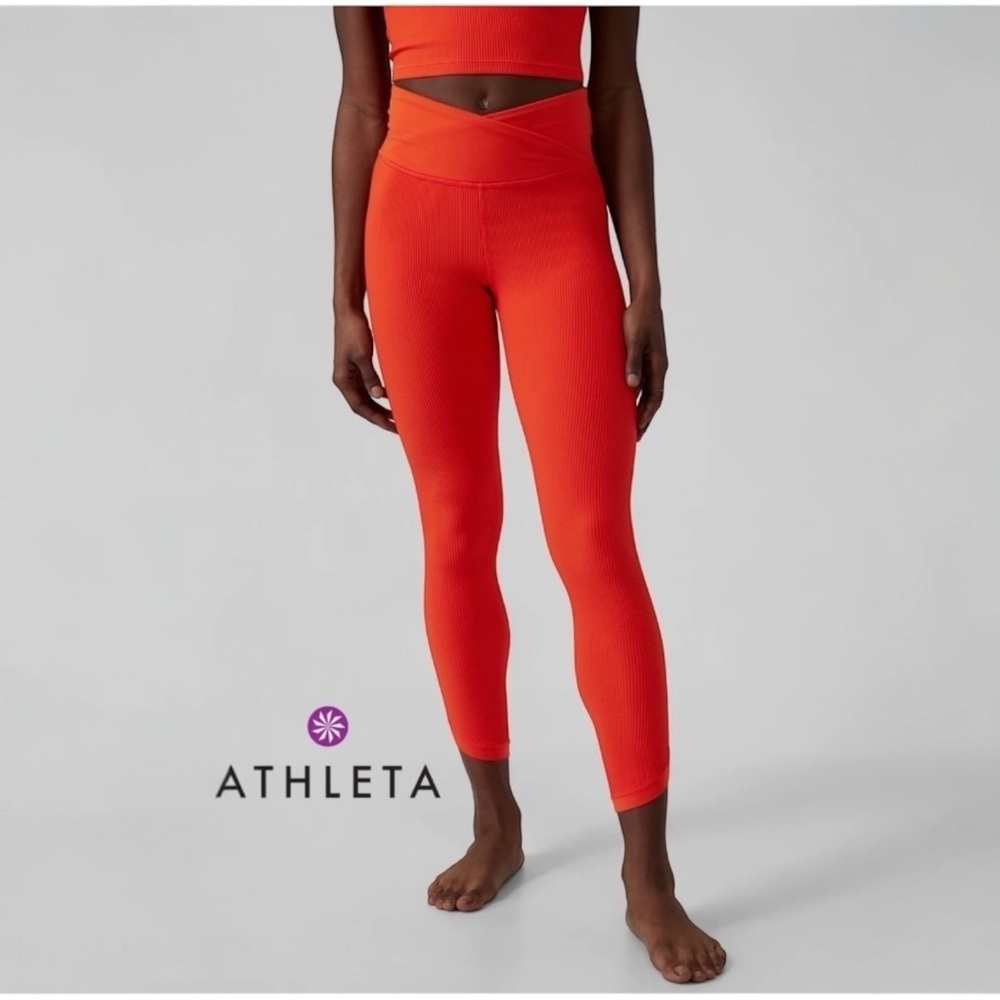Athleta Elation Crossover Rib 7/8 Leggings Women M Orange Athletic Yoga NWT